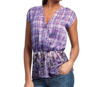 CAbi Eva Peplum Sleeveless Top Surplice V-neck Sheer Purple Plaid Floral Large
